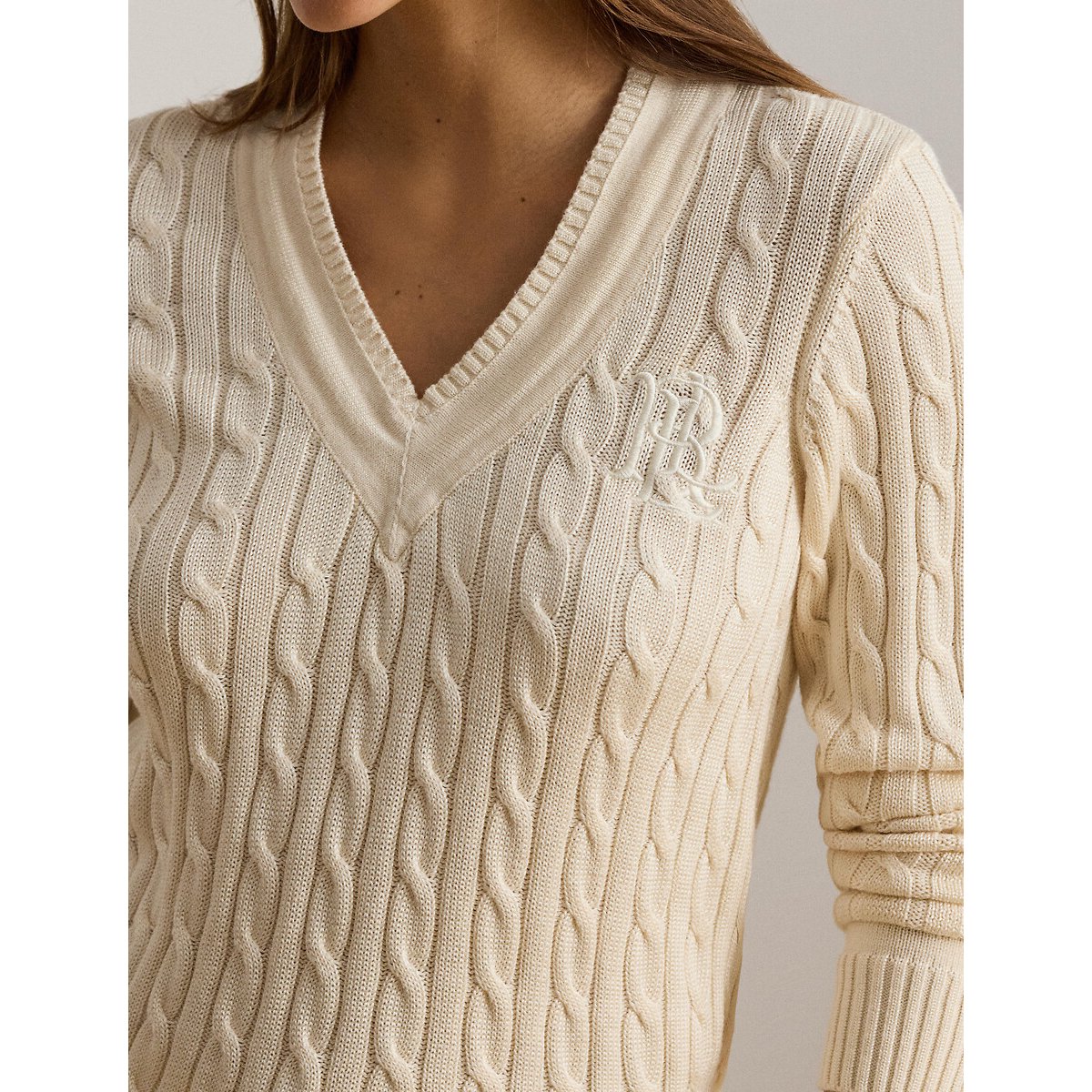 Cable Knit Long Sleeve V-Neck Jumper cream, LAUREN RALPH LAUREN