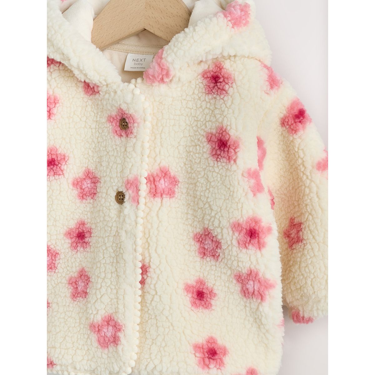 Veste à capuche bébé imitation peau de mouton floral écru et rose, NEXT