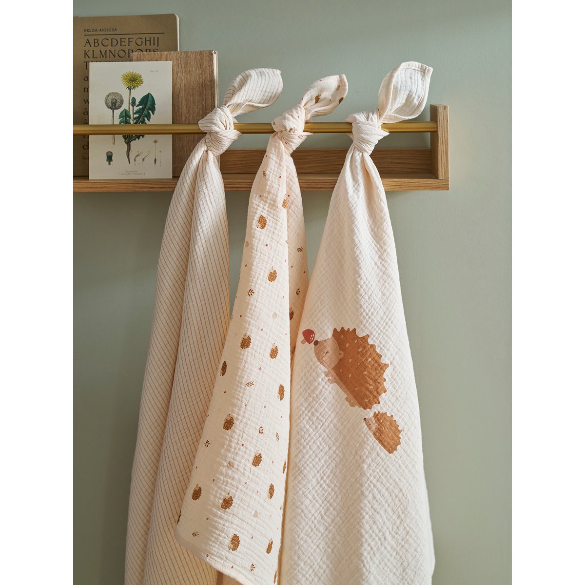 Lot de 3 langes en gaze de coton HERISSON beige imprimé, VERTBAUDET