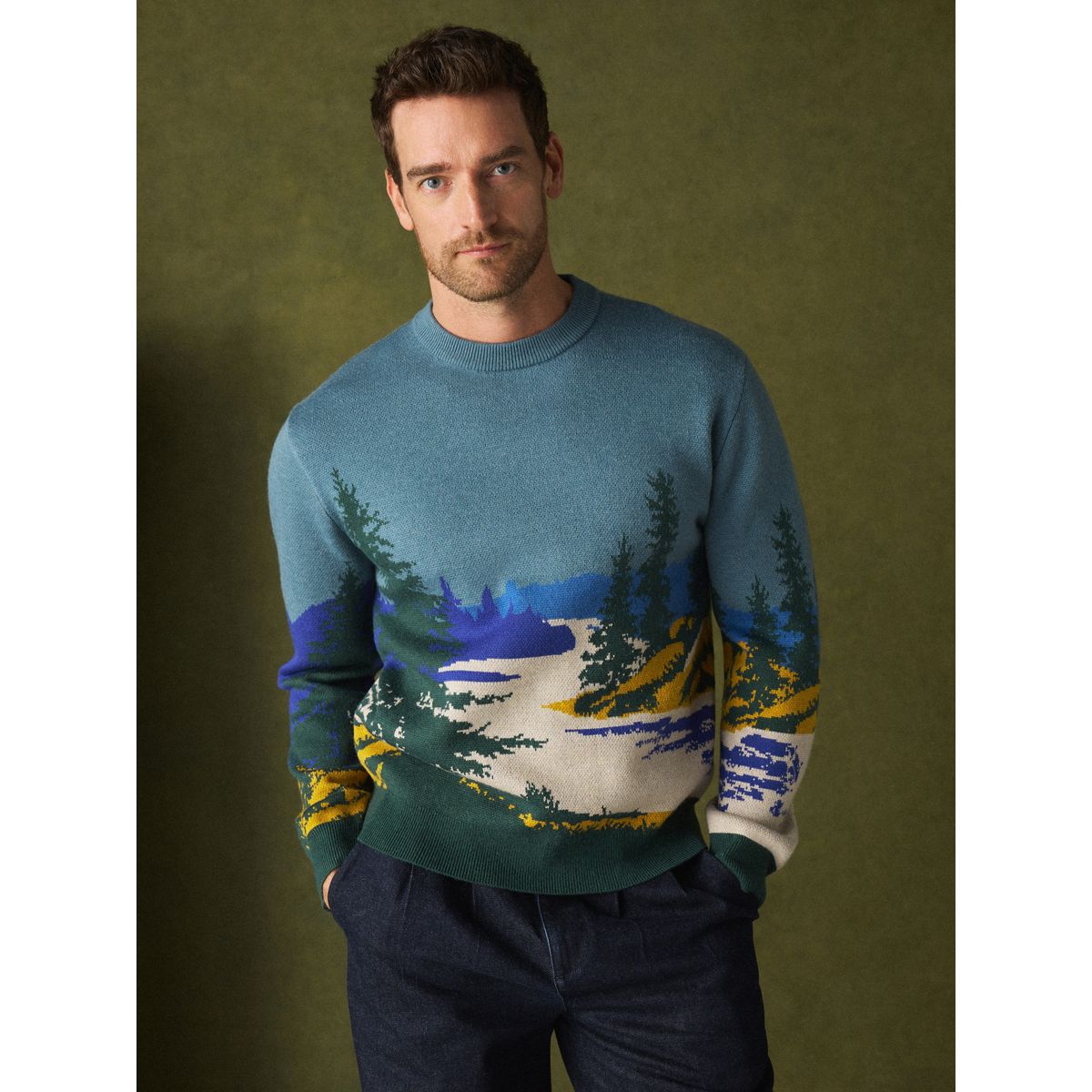 Pull ras du cou en maille à motif paysage bleu/vert, NEXT