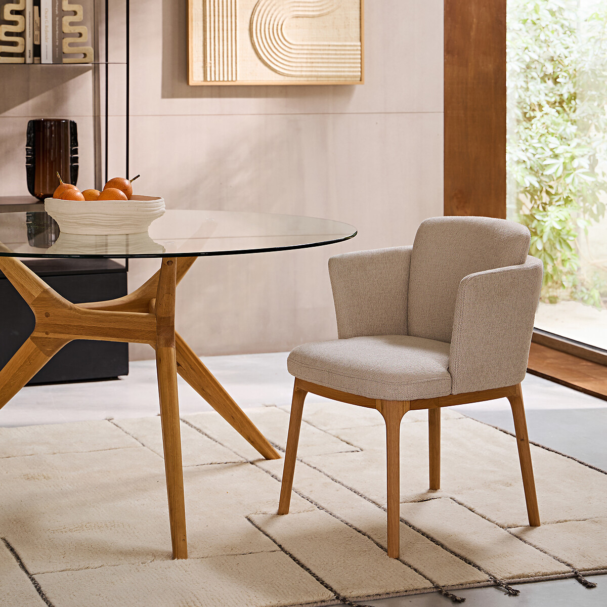 Fauteuil de table pied chêne et tissu natté Jabote ficelle, AM.PM