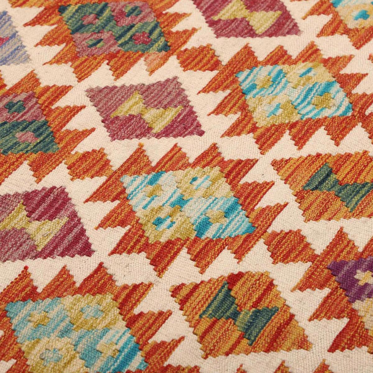 Tapis kilim géométrique, tissé plat authentique, laine, KILIM 51 multicolore, orange, rouge, UN AMOUR DE TAPIS