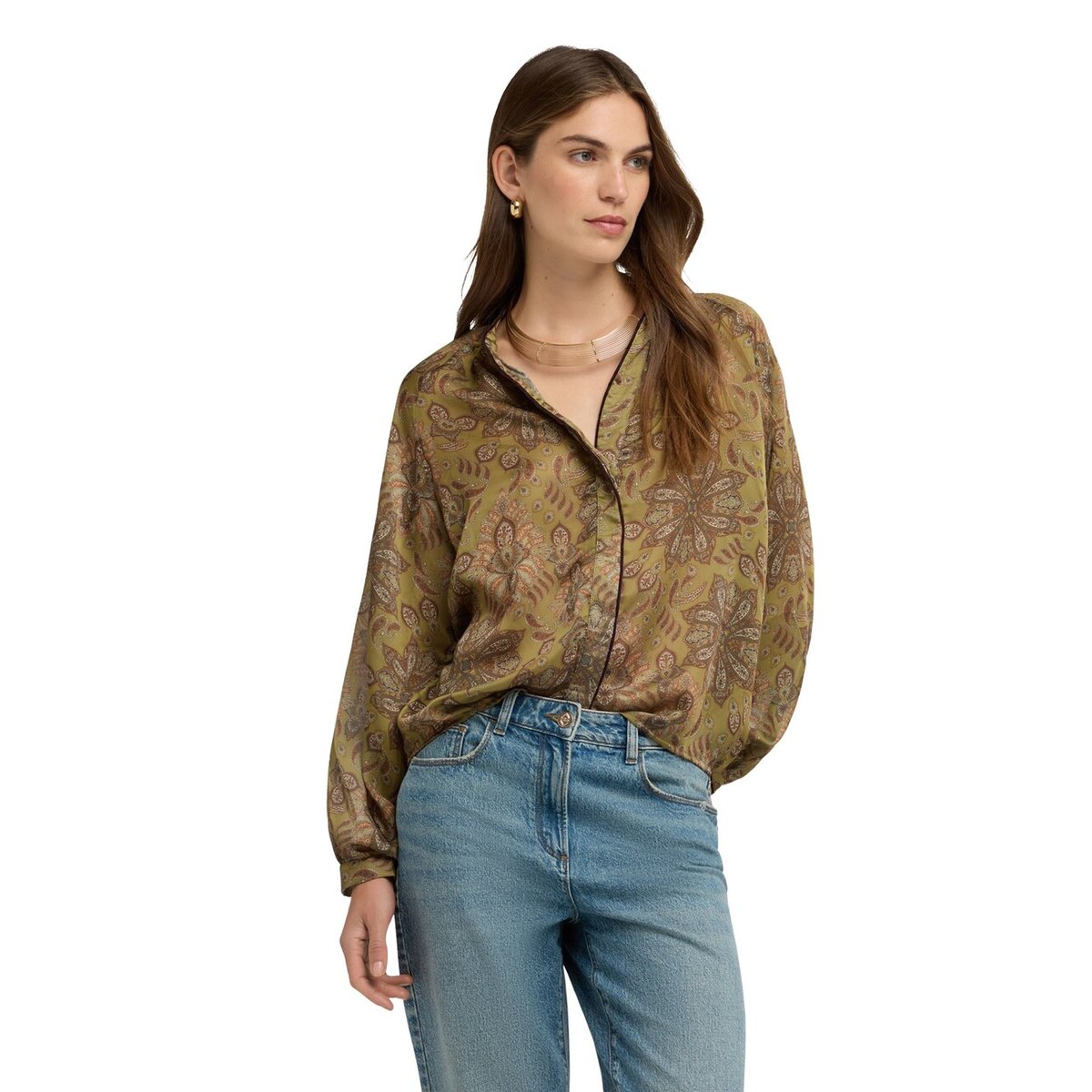 Blouse avec imprimé et manches ballon verde militare, MOTIVI