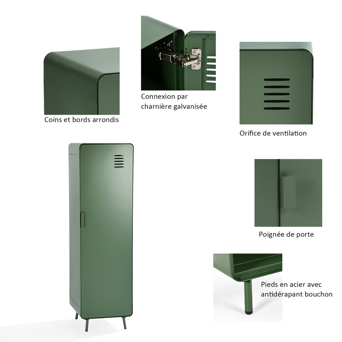 Armoire de rangement avec 1 portes 2 couches et 1 rail en métal industriel, WALNUTLIVING vert foncé, MEUBLES COSY