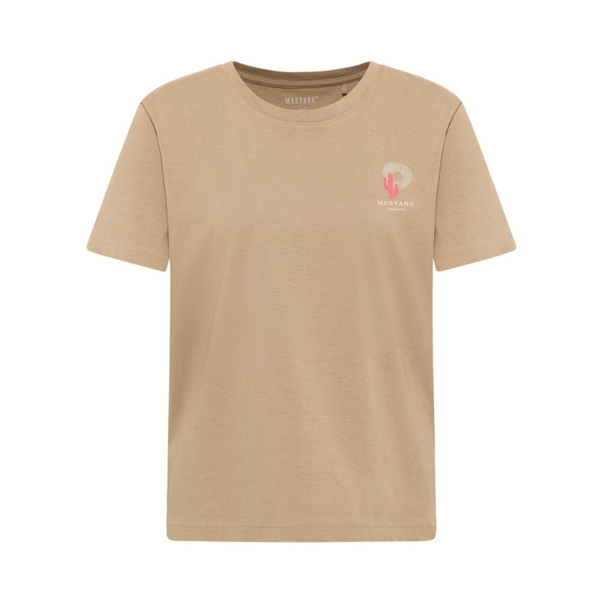 T-shirt en coton taupe uni pourvu d'une coupe droite et d'un col rond gris, MUSTANG