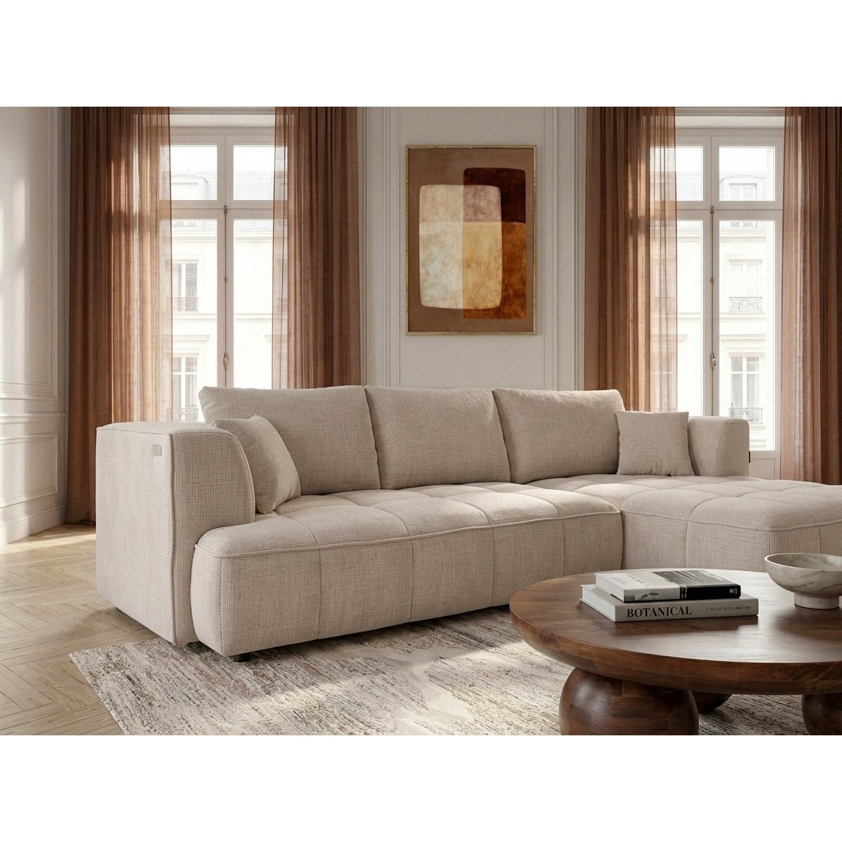 Canapé droit convertible 3 places en tissu lisse, CLOVIS beige, BOBOCHIC