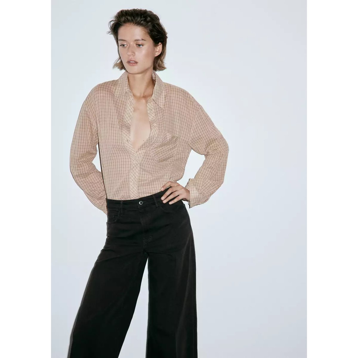 Jean taille haute wideleg chocolat, MANGO