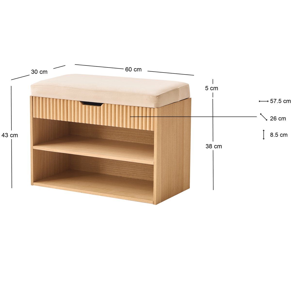 Meuble à chaussures, bois et velours, KUBO bois naturel, NORDLYS