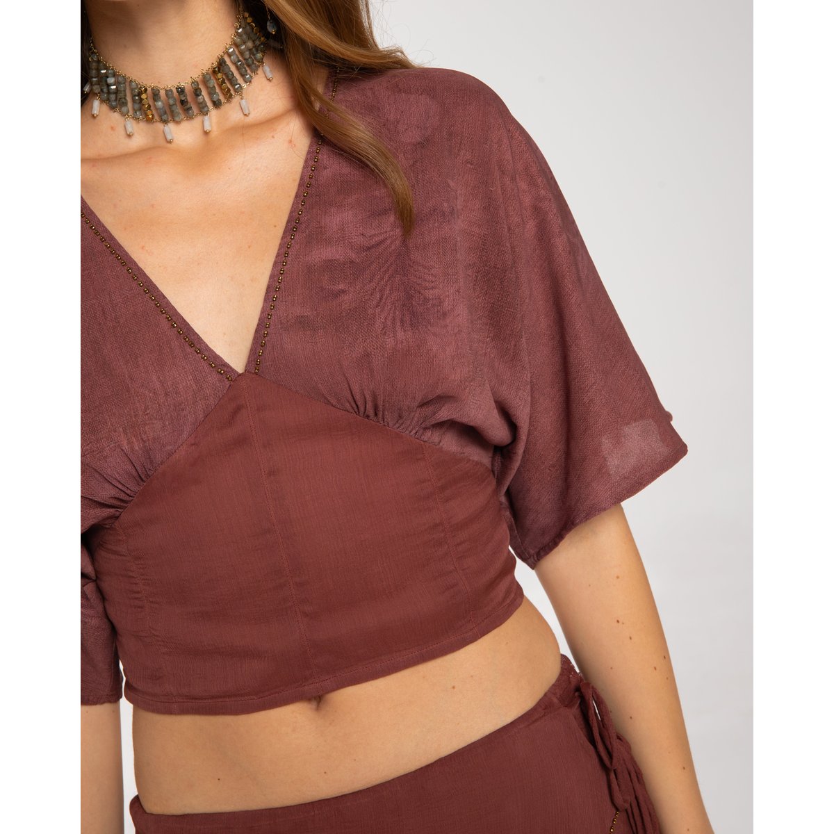 Blouse avec ceinture et manches fluides beige, THE-ARE