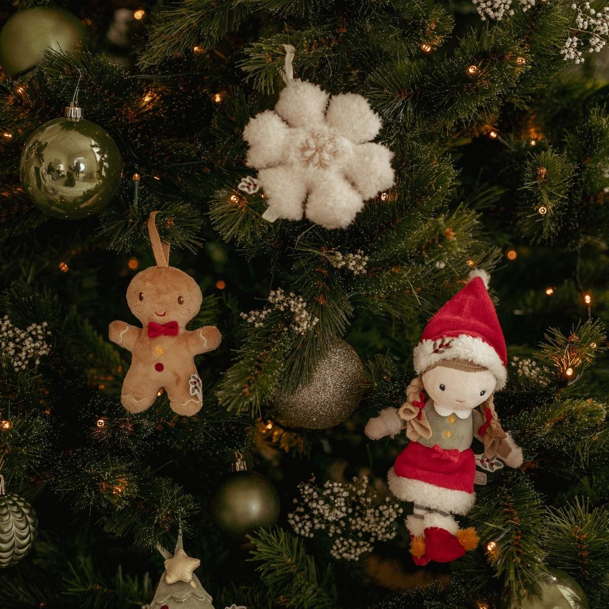 Lot de 4 décorations de Noël en peluche à suspendre vert, rouge, blanc, LITTLE DUTCH