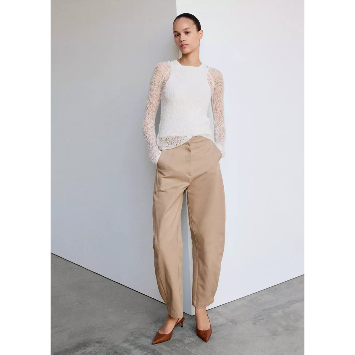 Pull superposé maille ajourée écru, MANGO