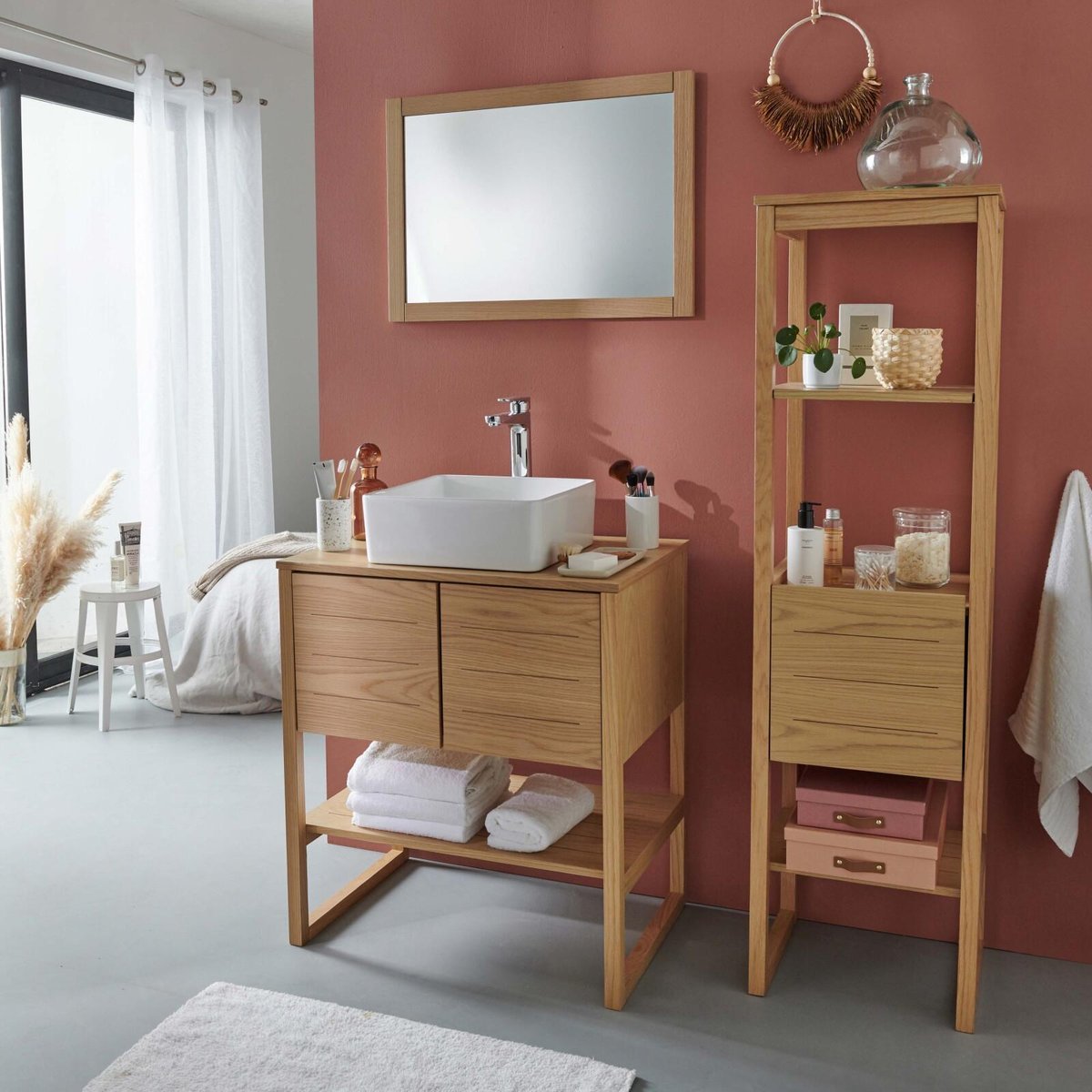 Meuble 70cm chêne colonne vasque carrée robinet miroir ATOLL v002233, MOB IN