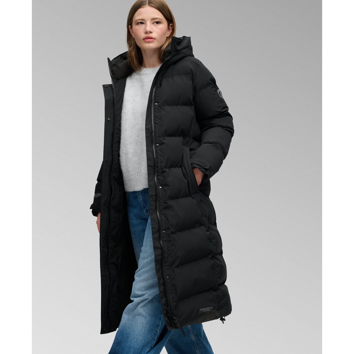 Manteau long rembourré à chevrons City noir, SUPERDRY