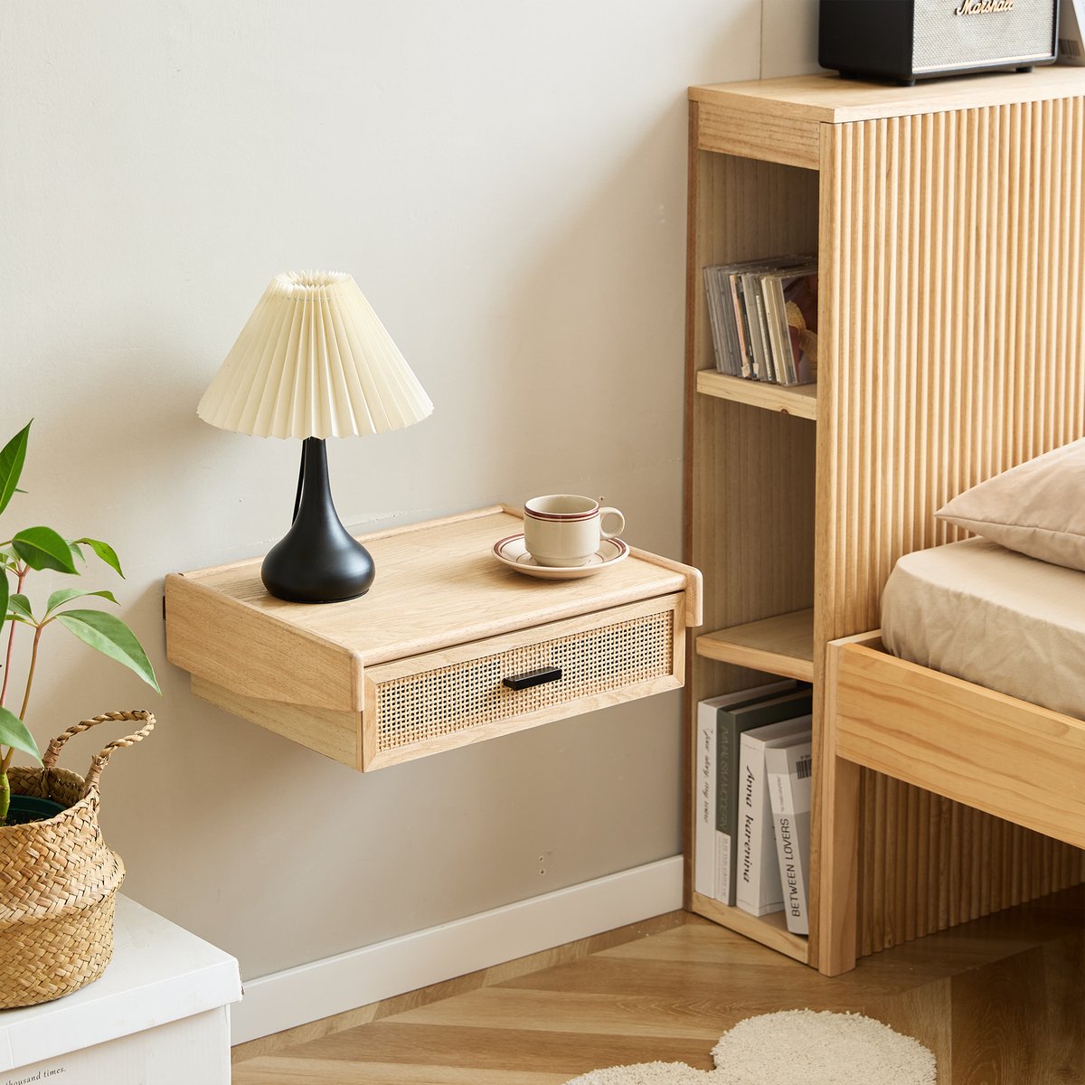 Table de chevet murale, rotin et bois, PITEA bois naturel, NORDLYS