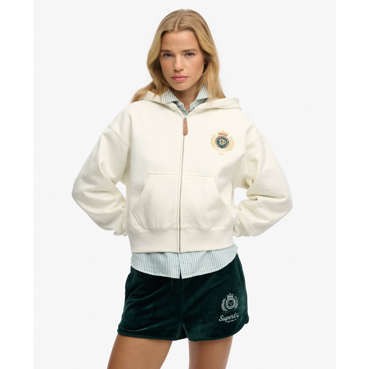 Sweat à capuche zippé Country Club blanc cassé, SUPERDRY