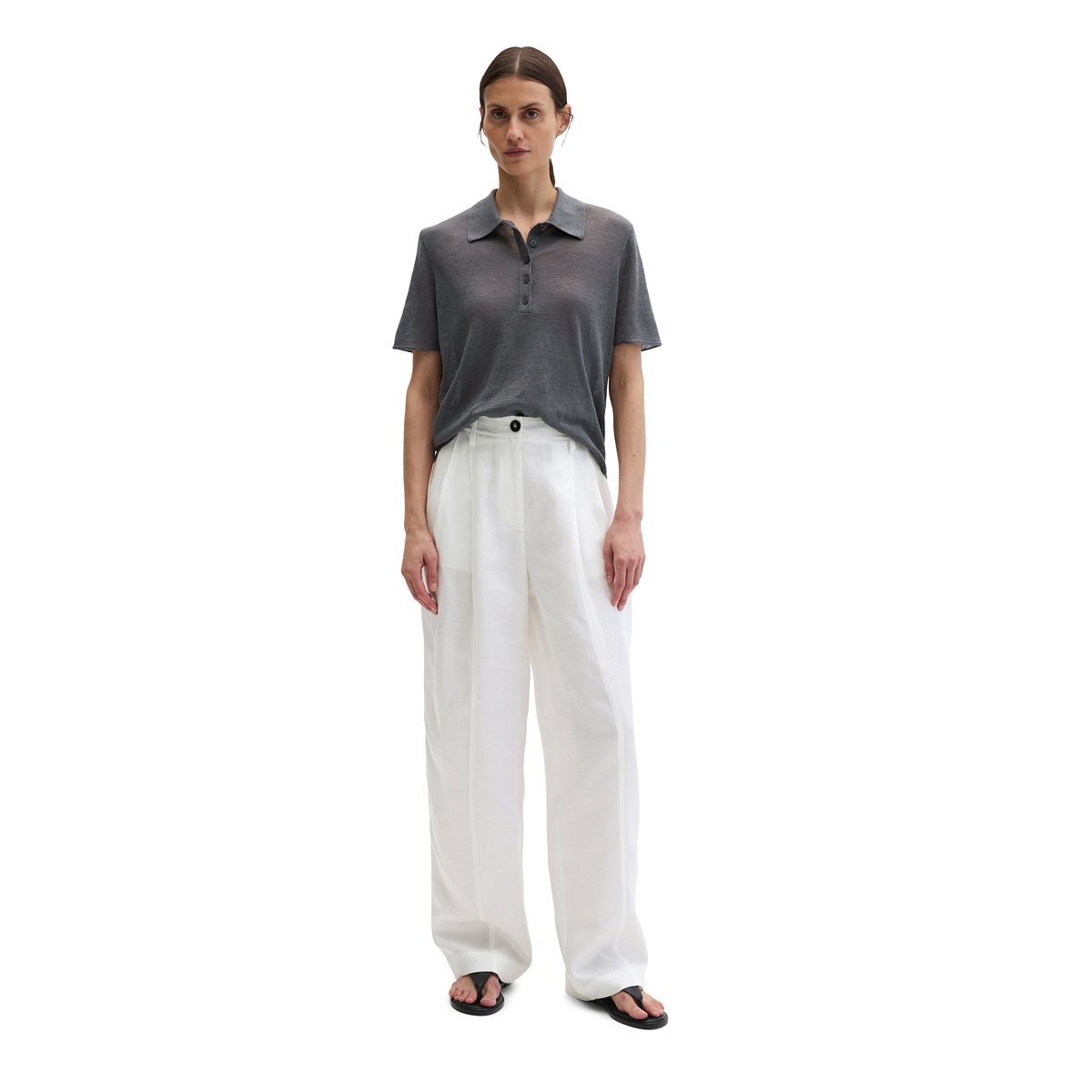 Polo en tricot régulier en pur lin gris foncé, MARC O'POLO