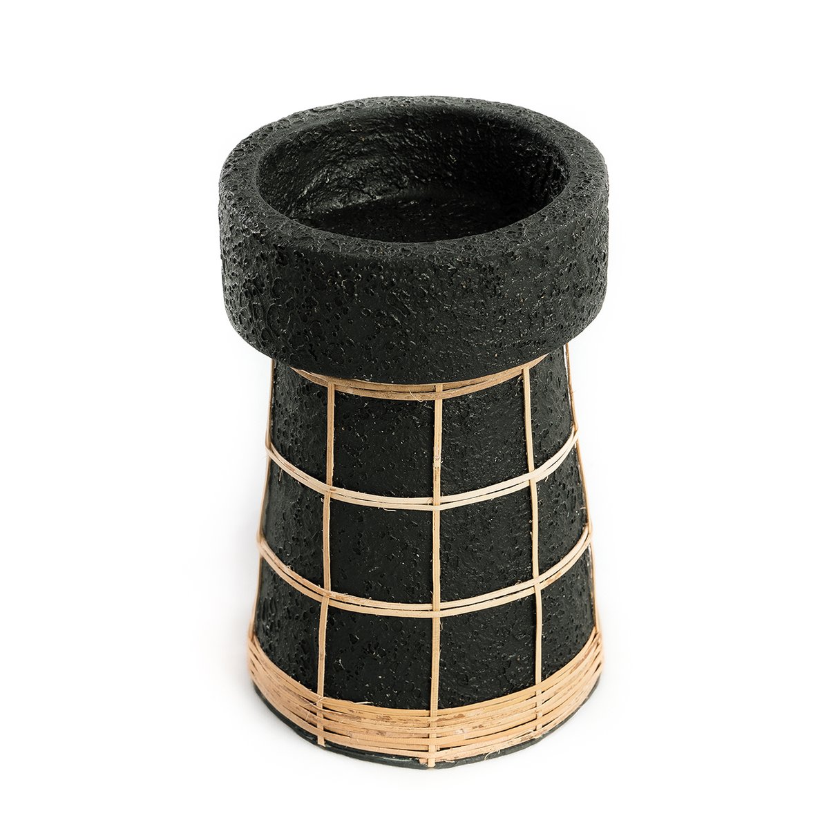Bougeoir en terre cuite et rotin SERENE noir beige, BAZAR BIZAR