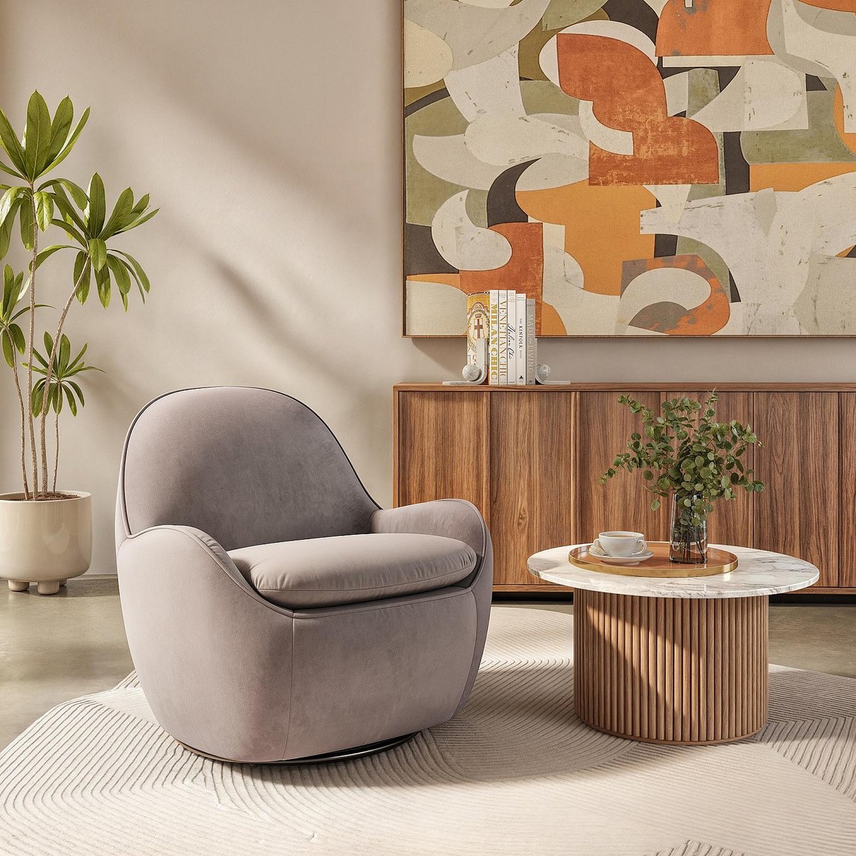 Fauteuil droit velours BOCA gris, taupe, HABITAT