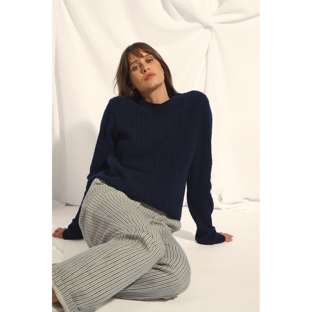 Pull Col Rond 4 Fils Navy Sarah bleu foncé, JUST CASHMERE