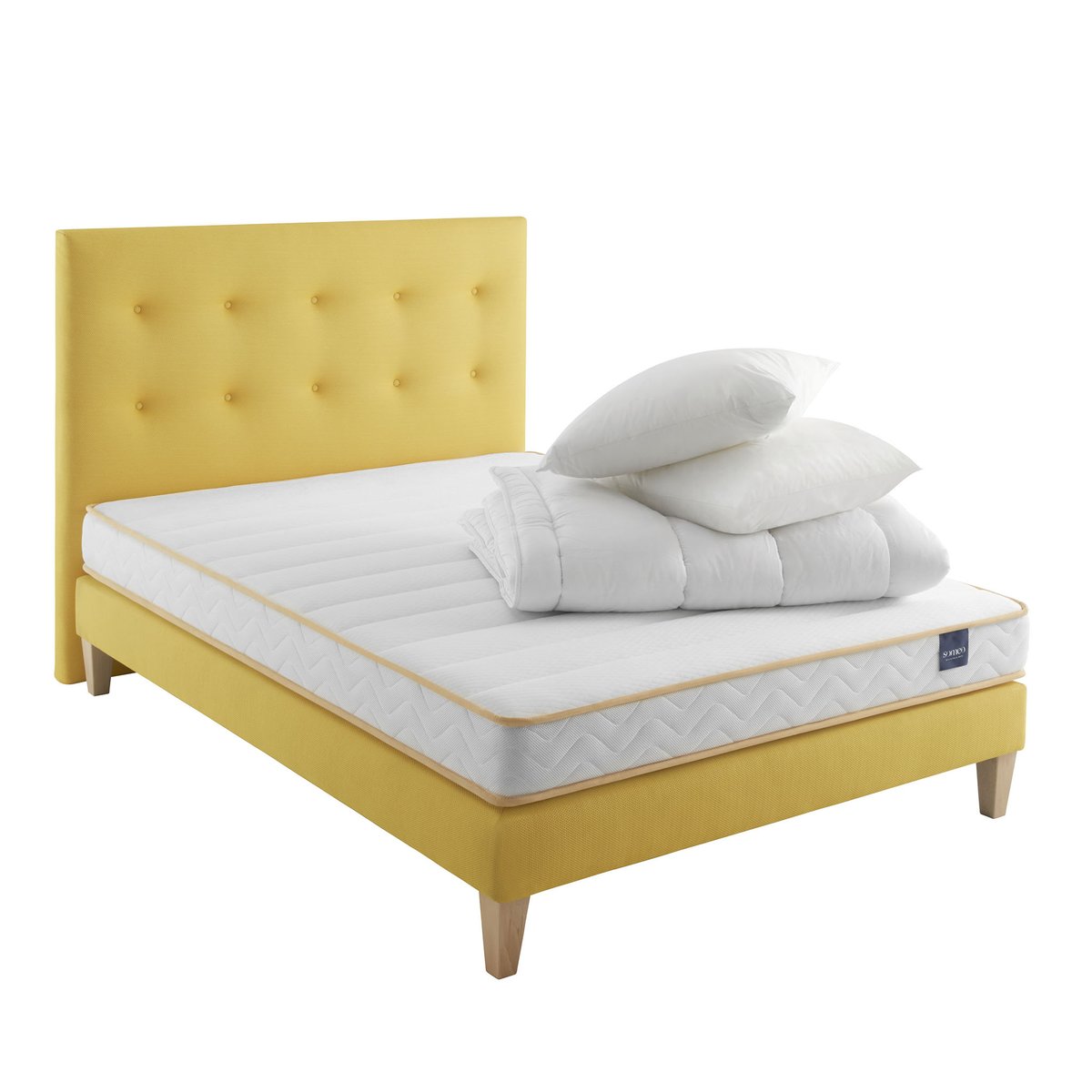 Ensemble matelas mousse, sommier, pieds, tête de lit, couette et oreiller Aurore 300 blanc, SOMEO