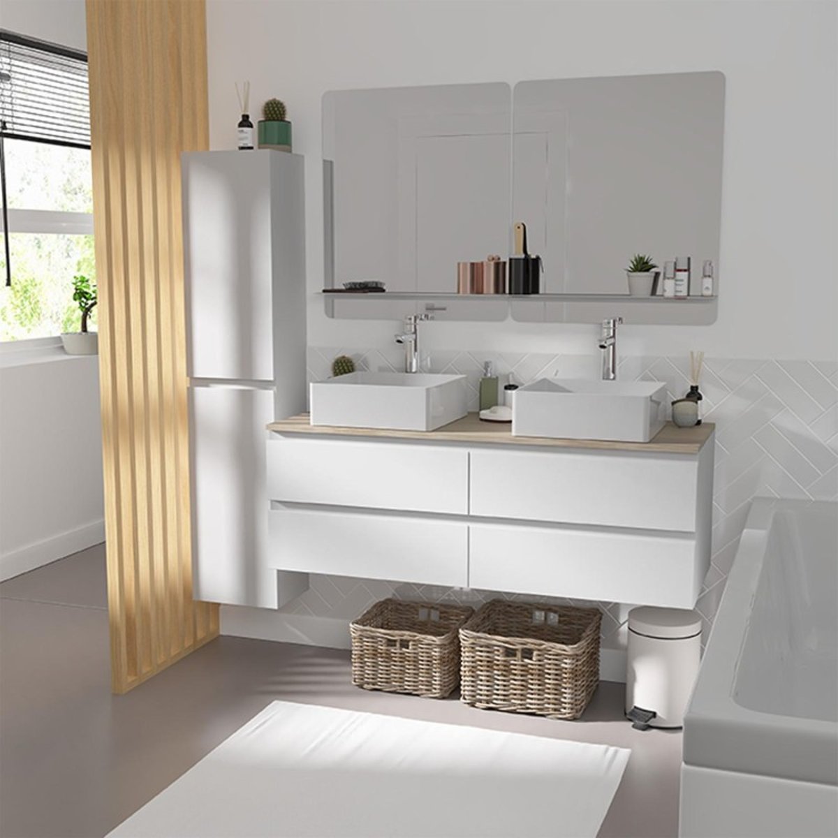 Ensemble meuble double vasque suspendu avec colonne 120cm SORRENTO blanc brillant, MOB IN