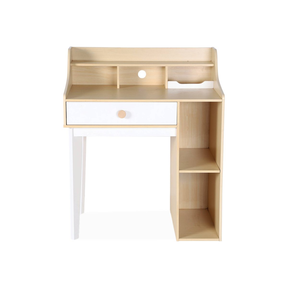 Bureau enfant décor bois 1 tiroir 3 étagères EDGAR blanc et naturel, SWEEEK