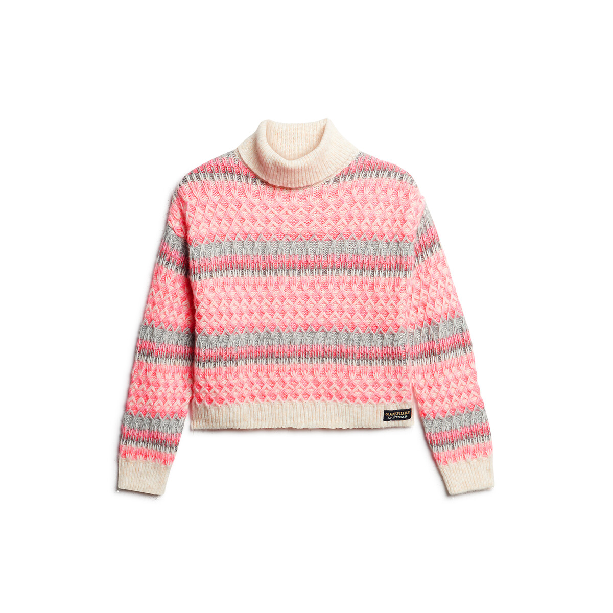 Pull col roulé crop à motifs graphiques ecru/rose, SUPERDRY