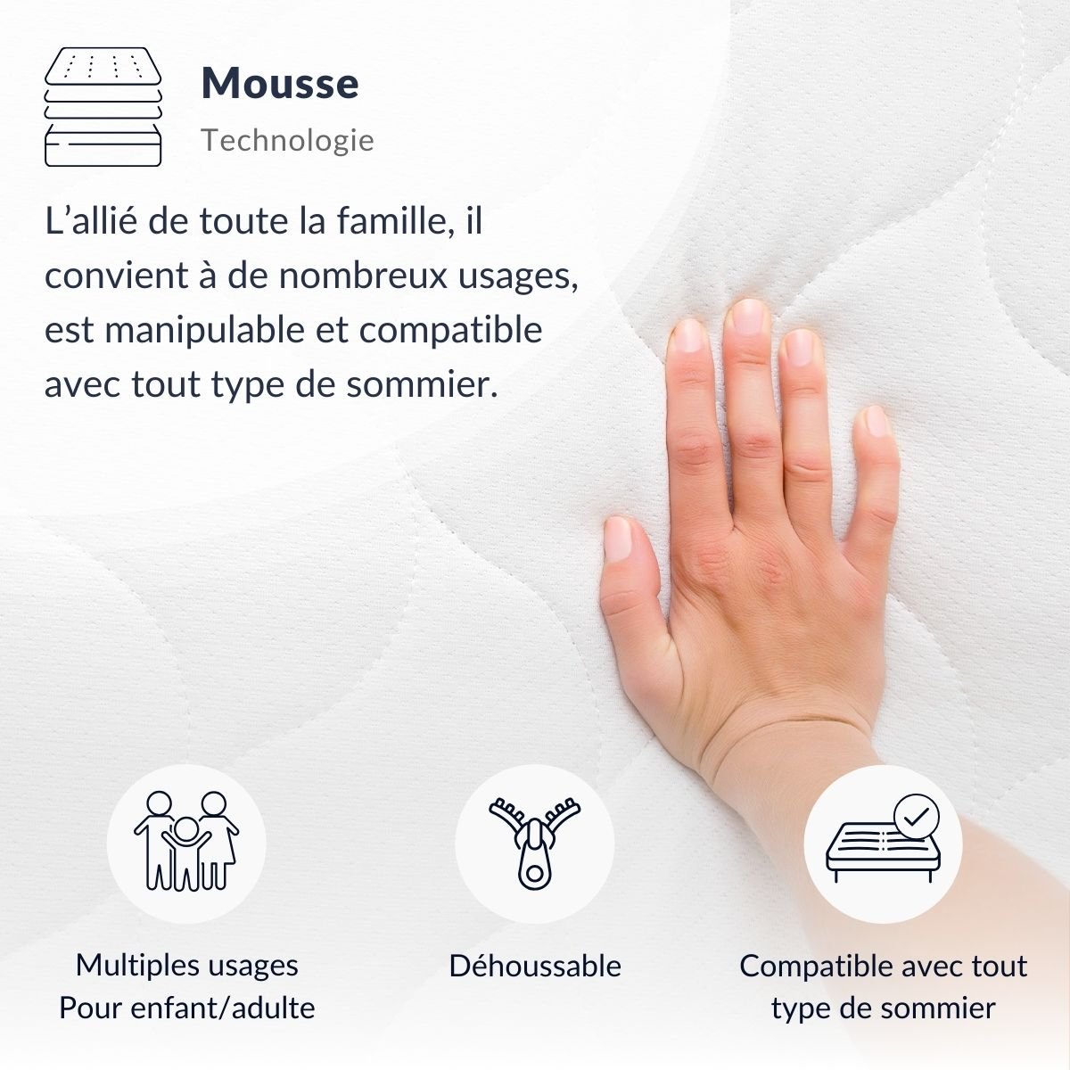 Matelas Mousse Artemis 90x200 cm Accueil Mémoire de forme blanc, OLYMPE LITERIE