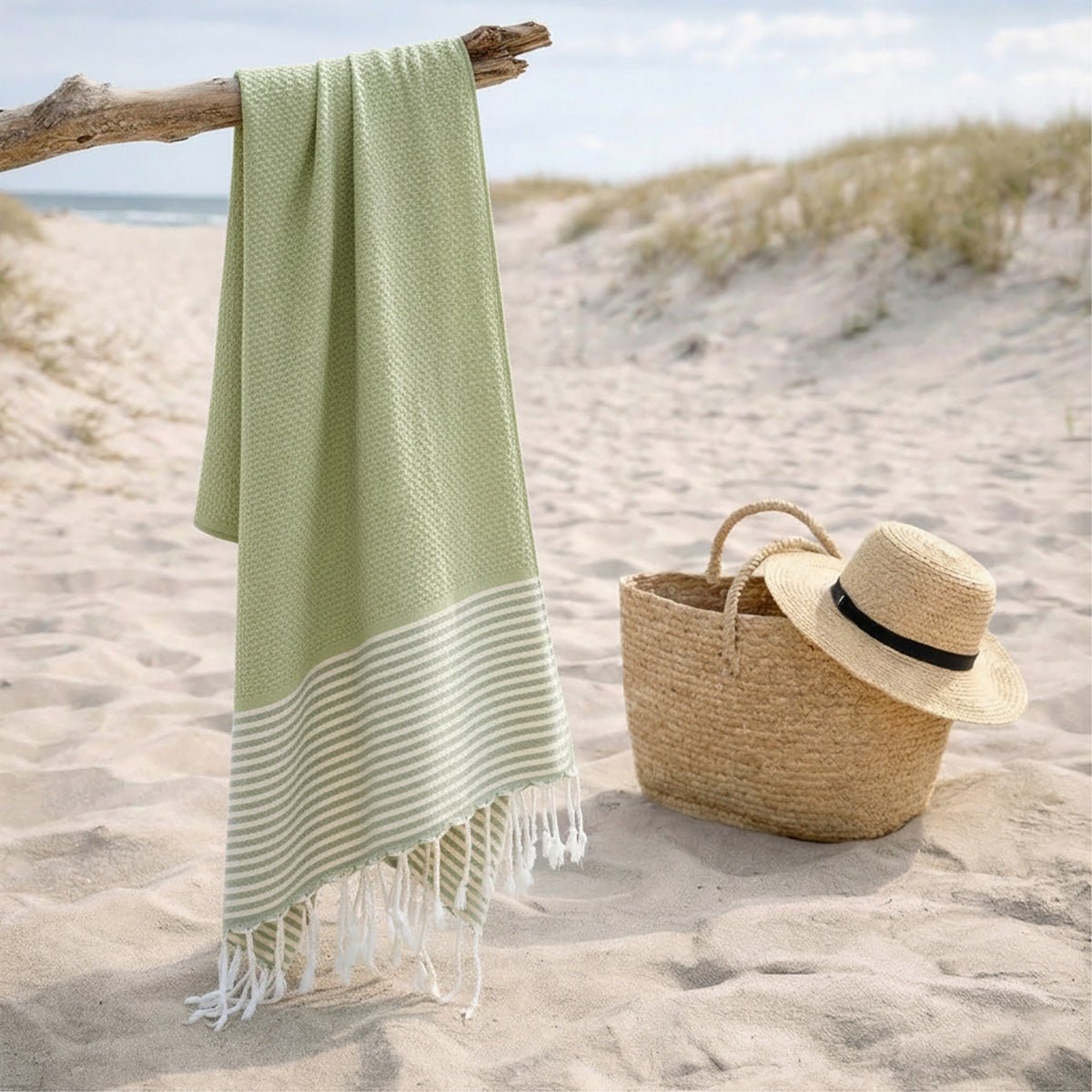 Fouta nid d'abeille coton IBIZA vert amande, FEBRONIE