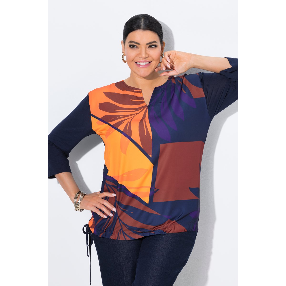 T-shirt col tunisien et manches 3/4 marine, ULLA POPKEN