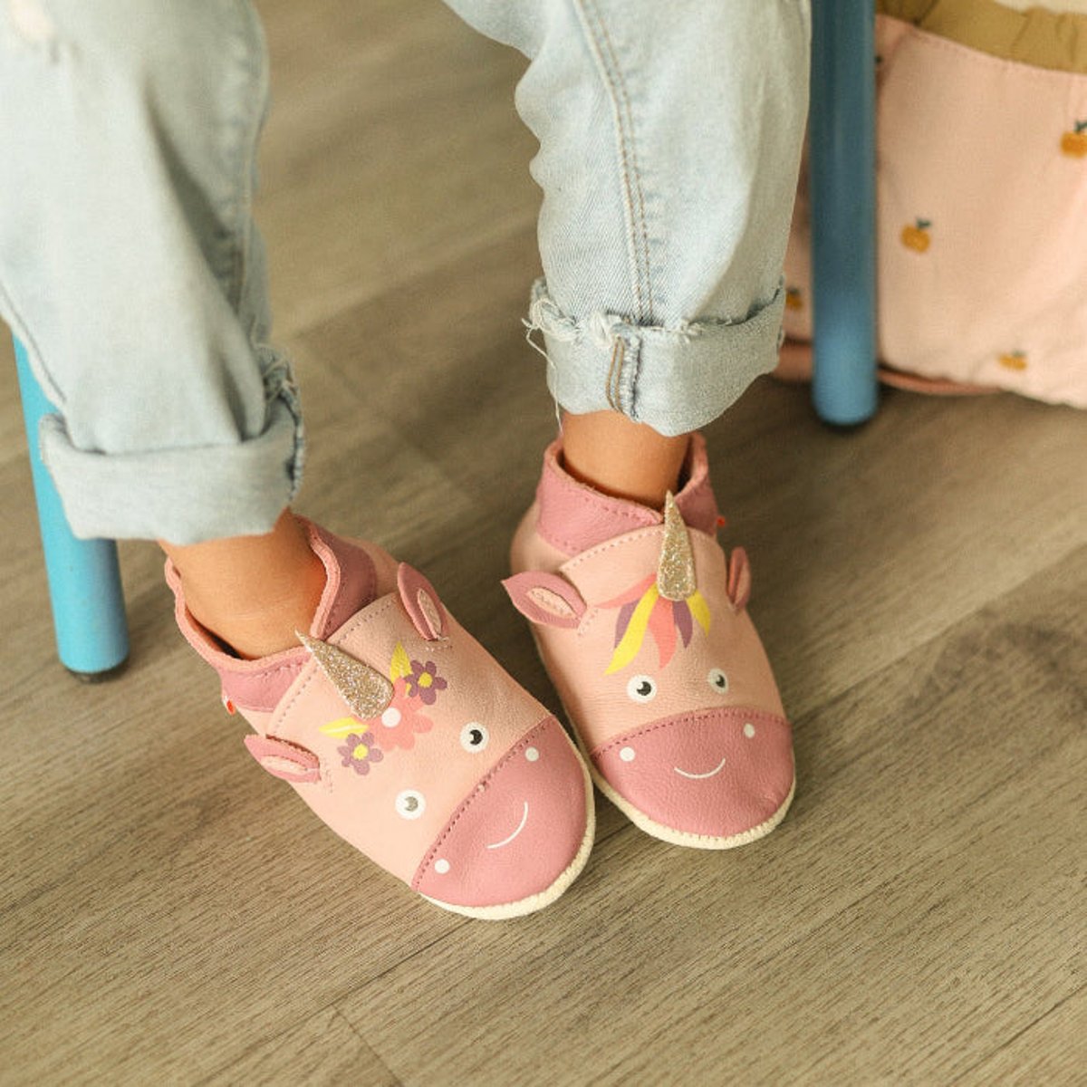 Chaussons bébé cuir souple Lise la licorne rose, TICHOUPS