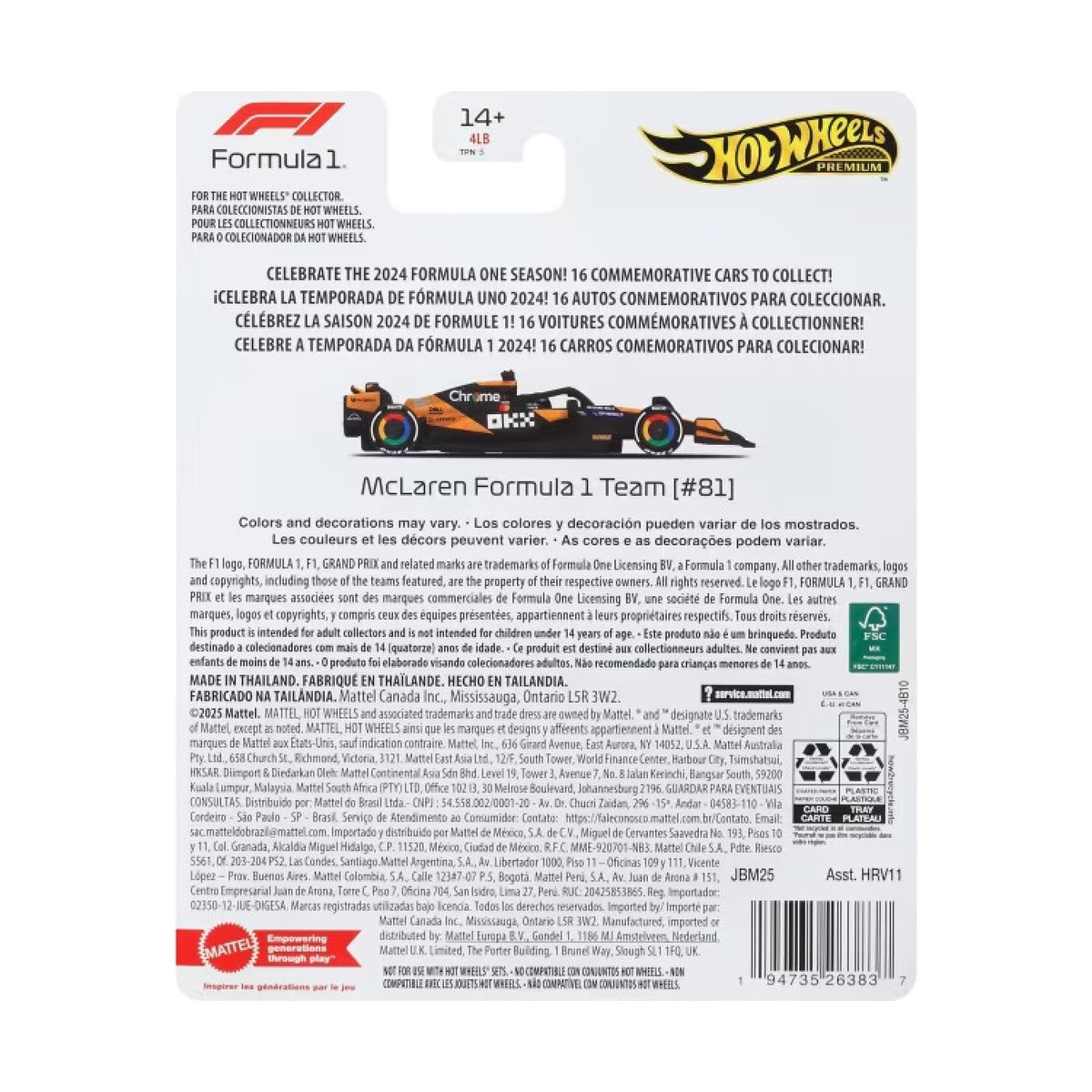 Hot Wheels Voiture de course Formula 1 Premium multicolore, MATTEL