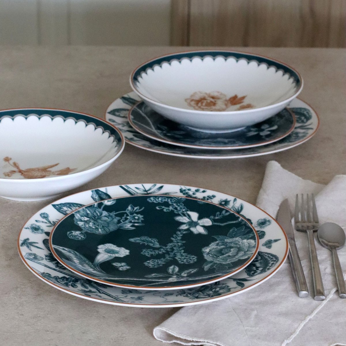 Lot de 6 assiettes à dessert en porcelaine 20cm, BOTANIC blanc-vert, NOVASTYL