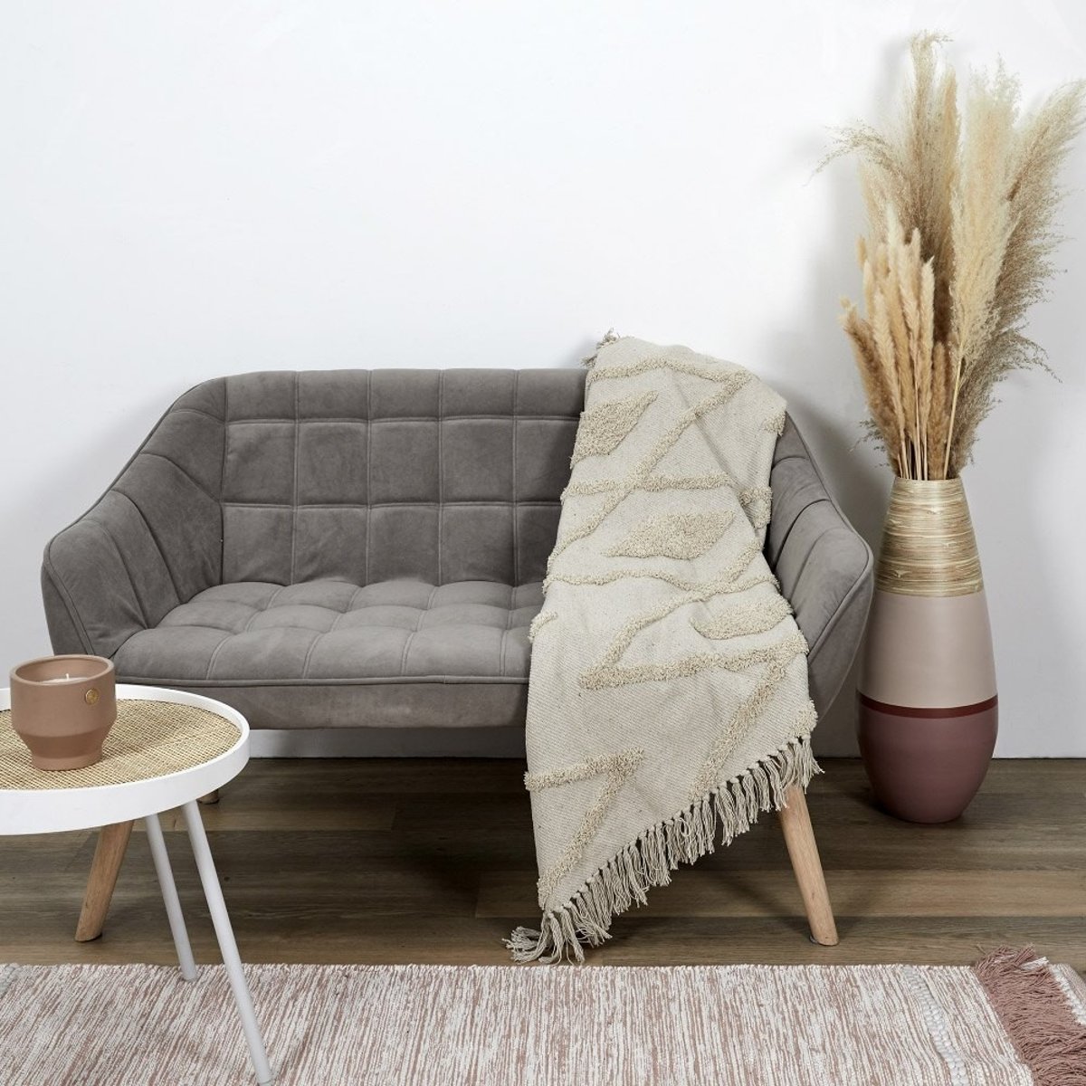 Plaid ethnique relief losange écru 120x150  coton blanc, DECORATIE