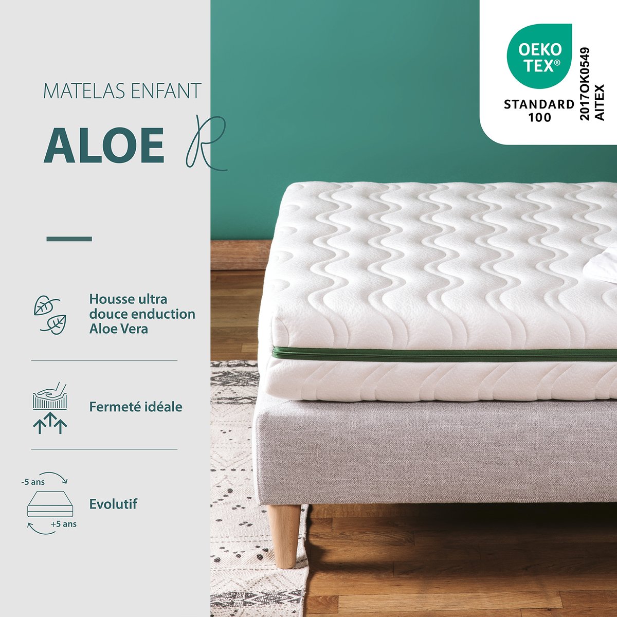 Matelas Enfant, épaisseur 17cm ALOE R blanc, KADOLIS