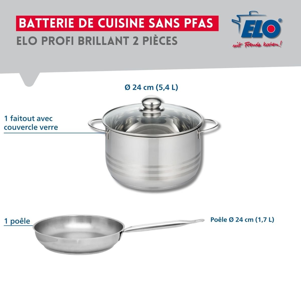 Batterie de cuisine 1 poêle 24cm + 1 faitout 24cm PROFI BRILLANT gris, ELO