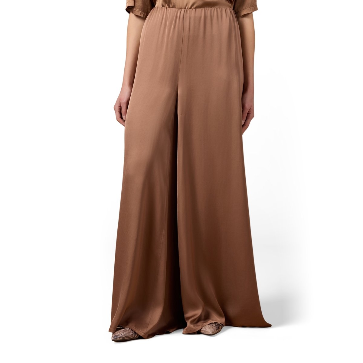 Pantalon palazzo en satin marron, OLTRE