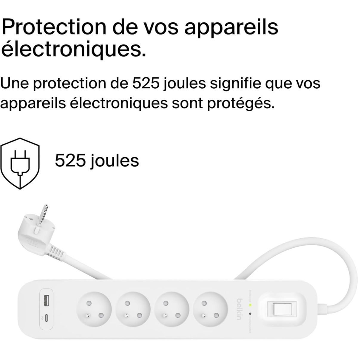 Multiprise 4 prises + USB-C et USB-A couleur unique, BELKIN