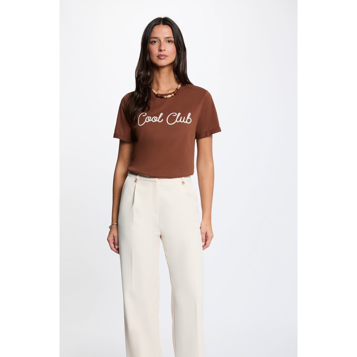 T-shirt col rond manches courtes marron cognac, MORGAN