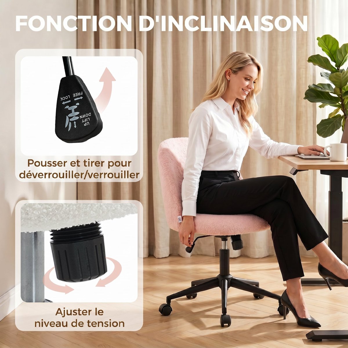 Chaise de bureau Polaire Teddy (100% rose, HOMCOM