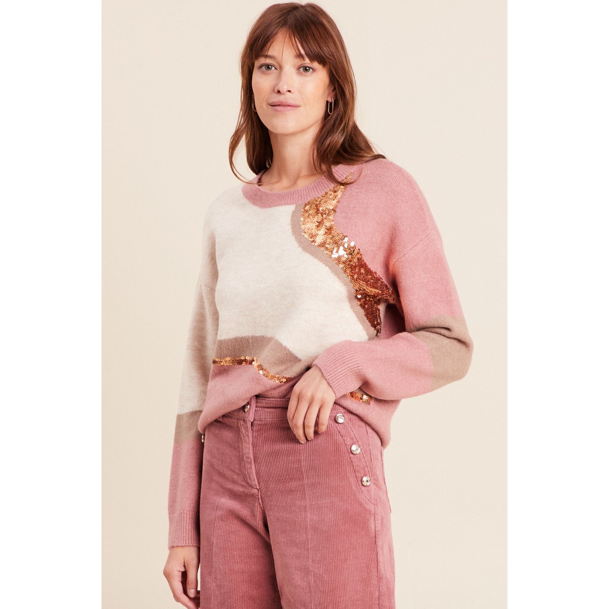 Pull col rond manches longues à sequins taupe, BREAL