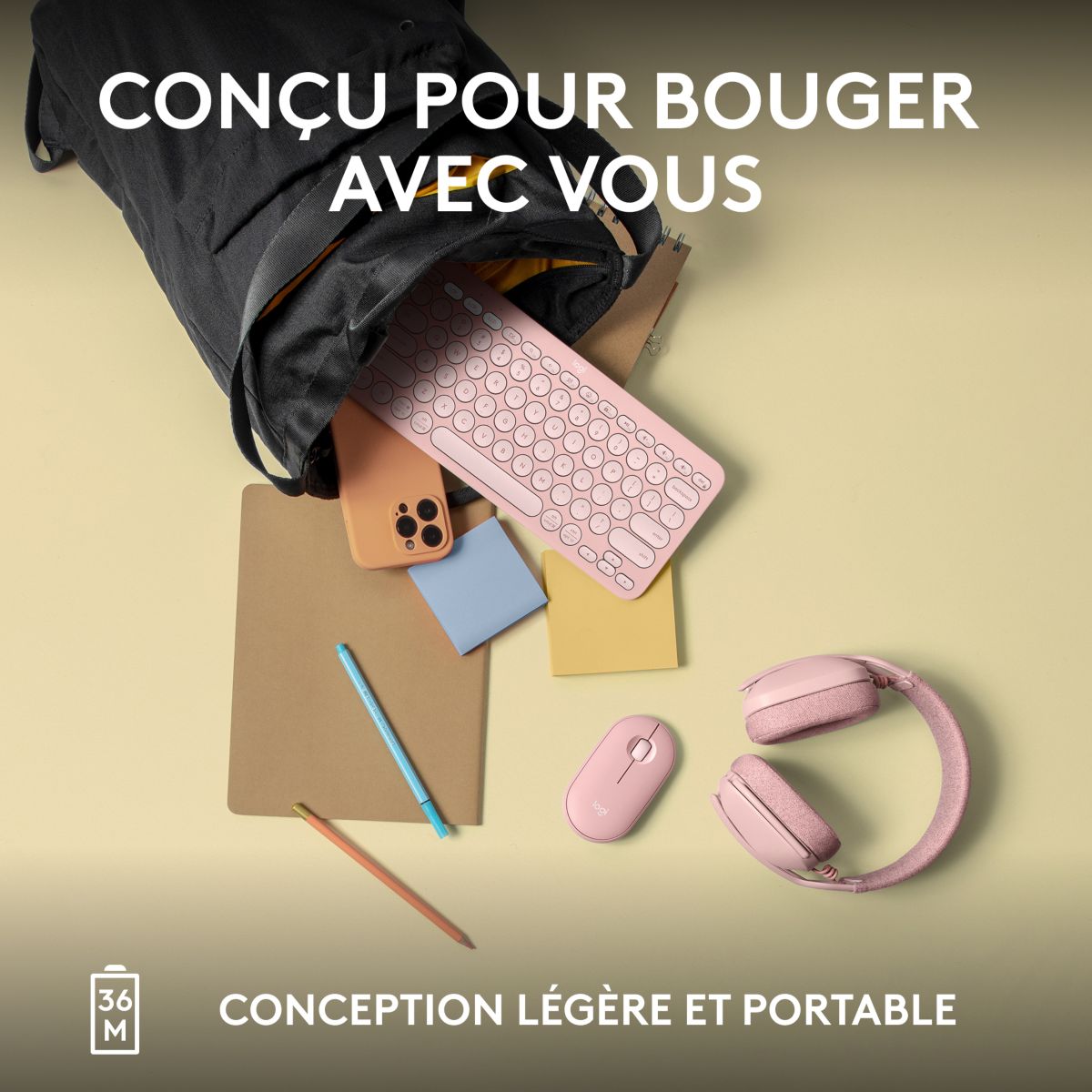 Clavier sans fil Pebble 2 K380s Rose couleur unique, LOGITECH