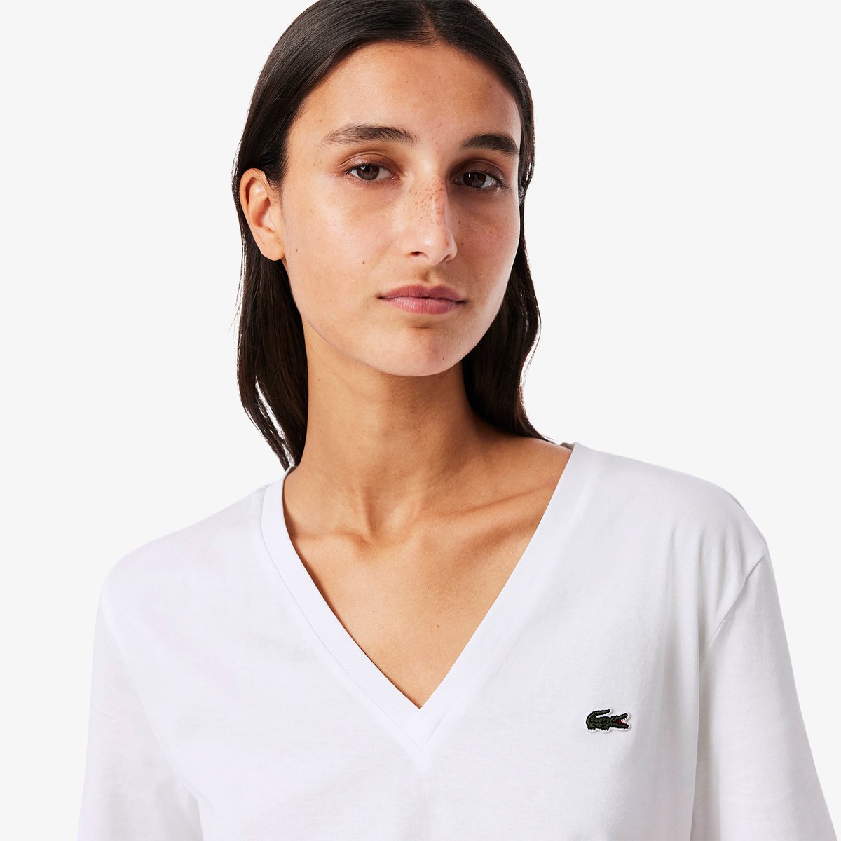 T-shirt relaxed fit coton doux col V blanc-001, LACOSTE