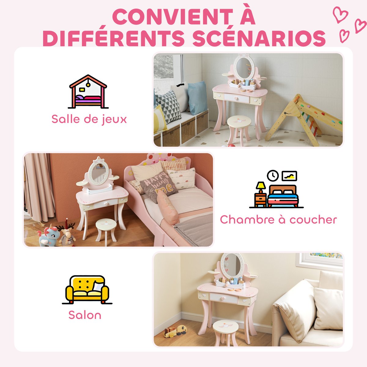 Ensemble de jeu « Coiffeuse pour enfants » rose avec motif cœur et ailes, AIYAPLAY