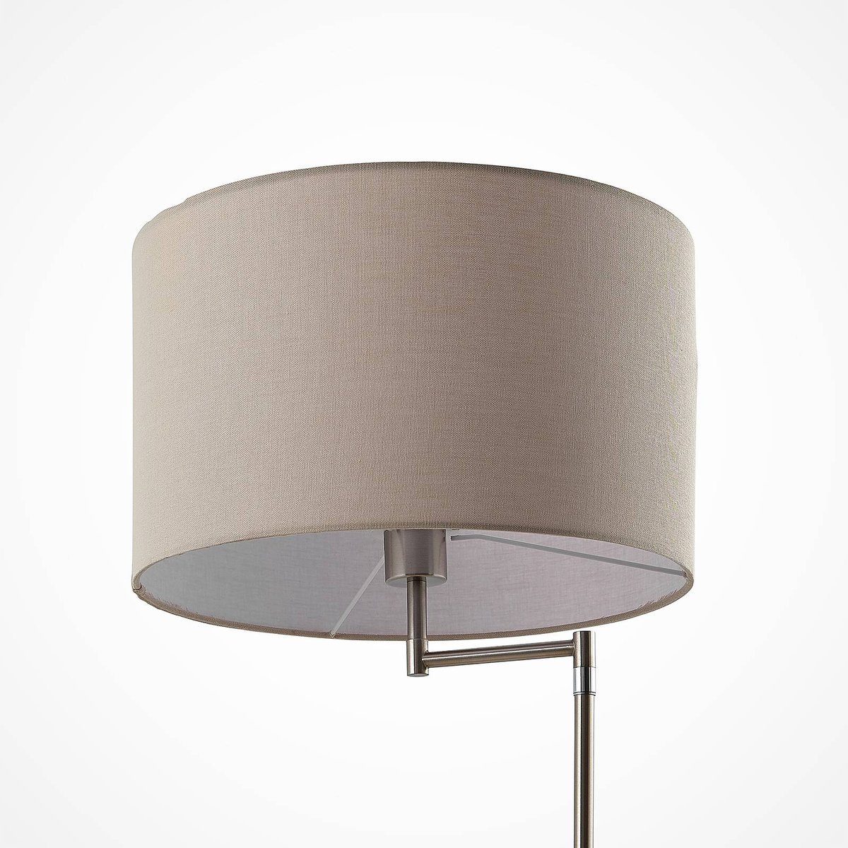 Lampadaire en métal moderne, Zinia nickel satiné, beige, bois clair, LINDBY