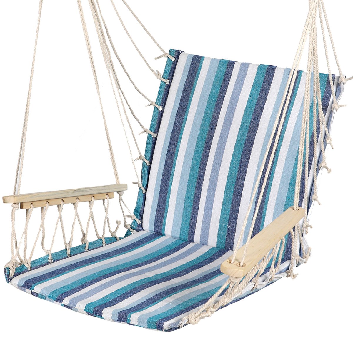 Chaise-hamac suspendue relaxante bois et tissu bleu 60x60x100cm bleu, WADIGA