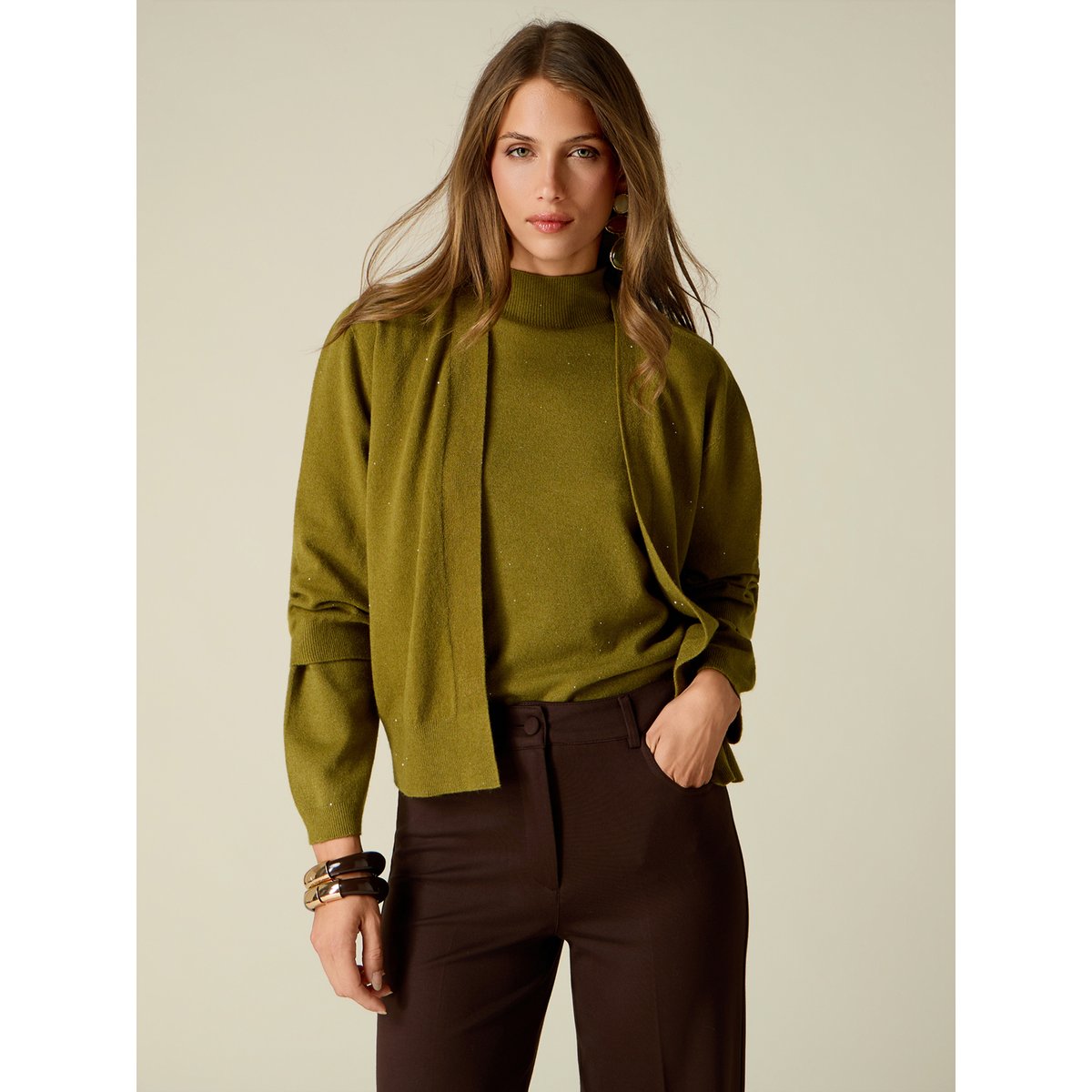 Cardigan avec micro paillettes verde militare, OLTRE