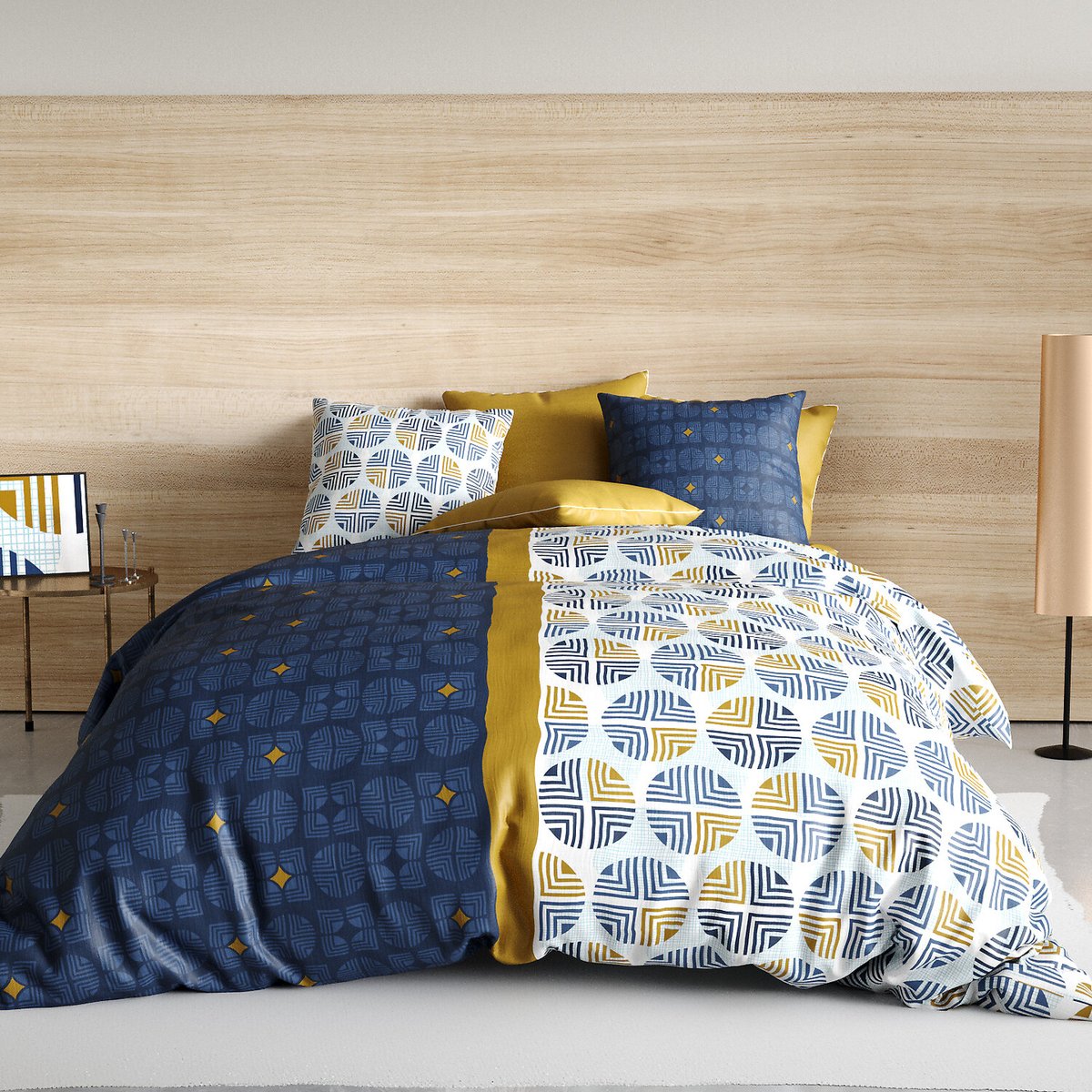 Parure housse de couette imprimée + taie(s) en coton, Sirius bleu, ATELIER DU COTON
