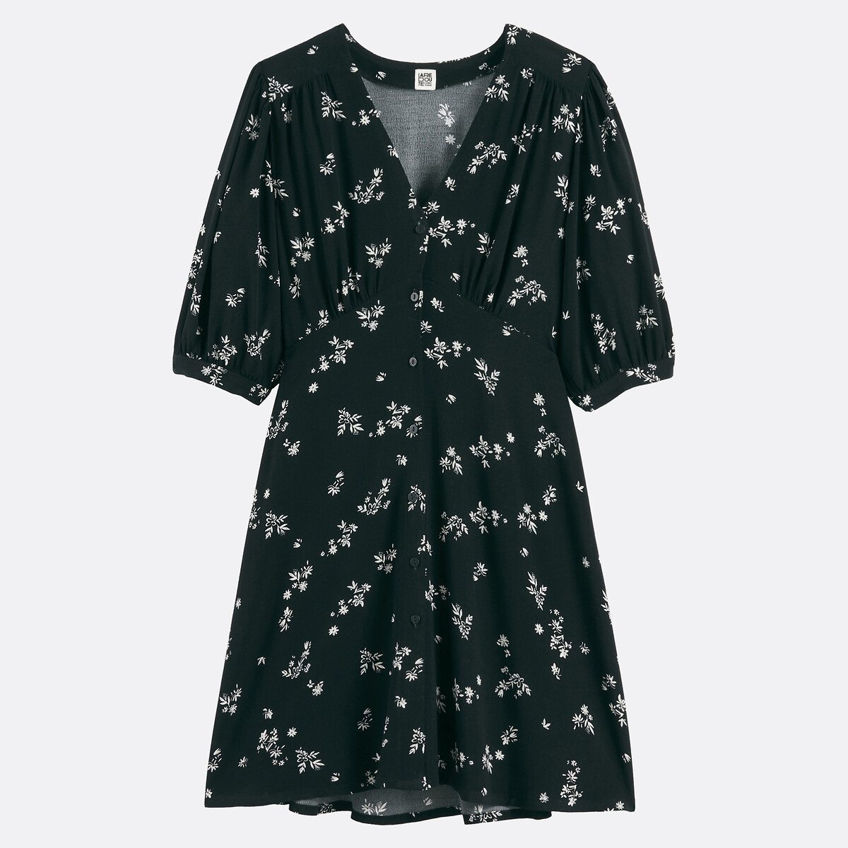 Robe courte et droite, imprimé floral, manches courtes imprimé fond noir, LA REDOUTE COLLECTIONS