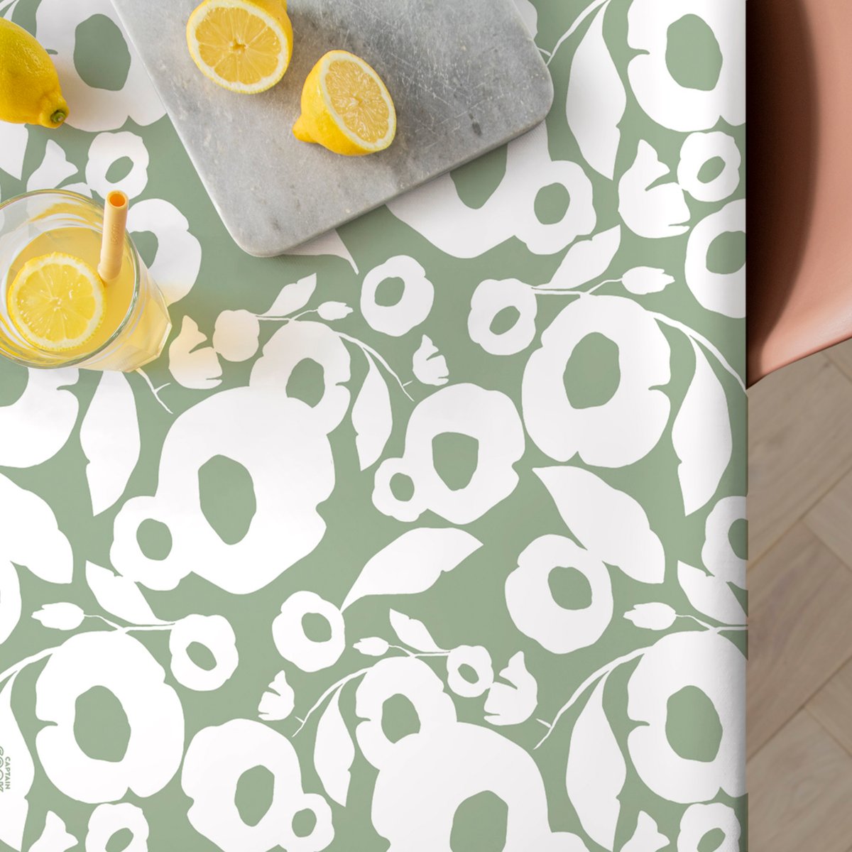Nappe de table rectangulaire extra longue Fleurs stylisées de printemps vert sauge, blanc, ART FOR THE HOME